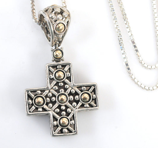 Vintage John Hardy Sterling Silver 18K Gold Cross Pendant Necklace