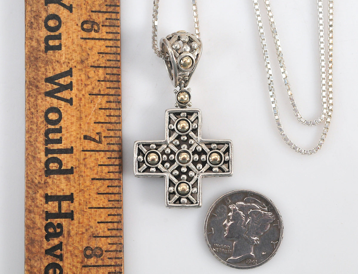 Vintage John Hardy Sterling Silver 18K Gold Cross Pendant Necklace