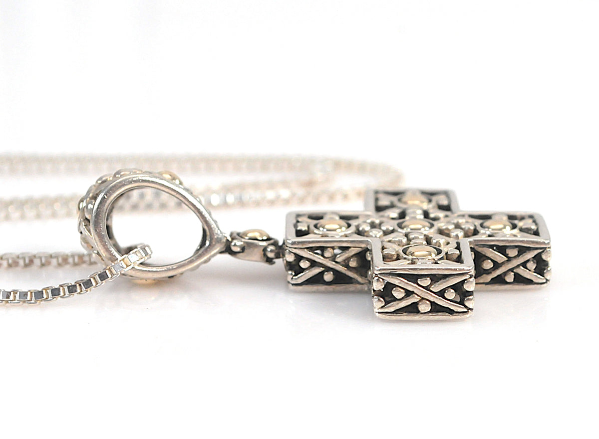 Vintage John Hardy Sterling Silver 18K Gold Cross Pendant Necklace