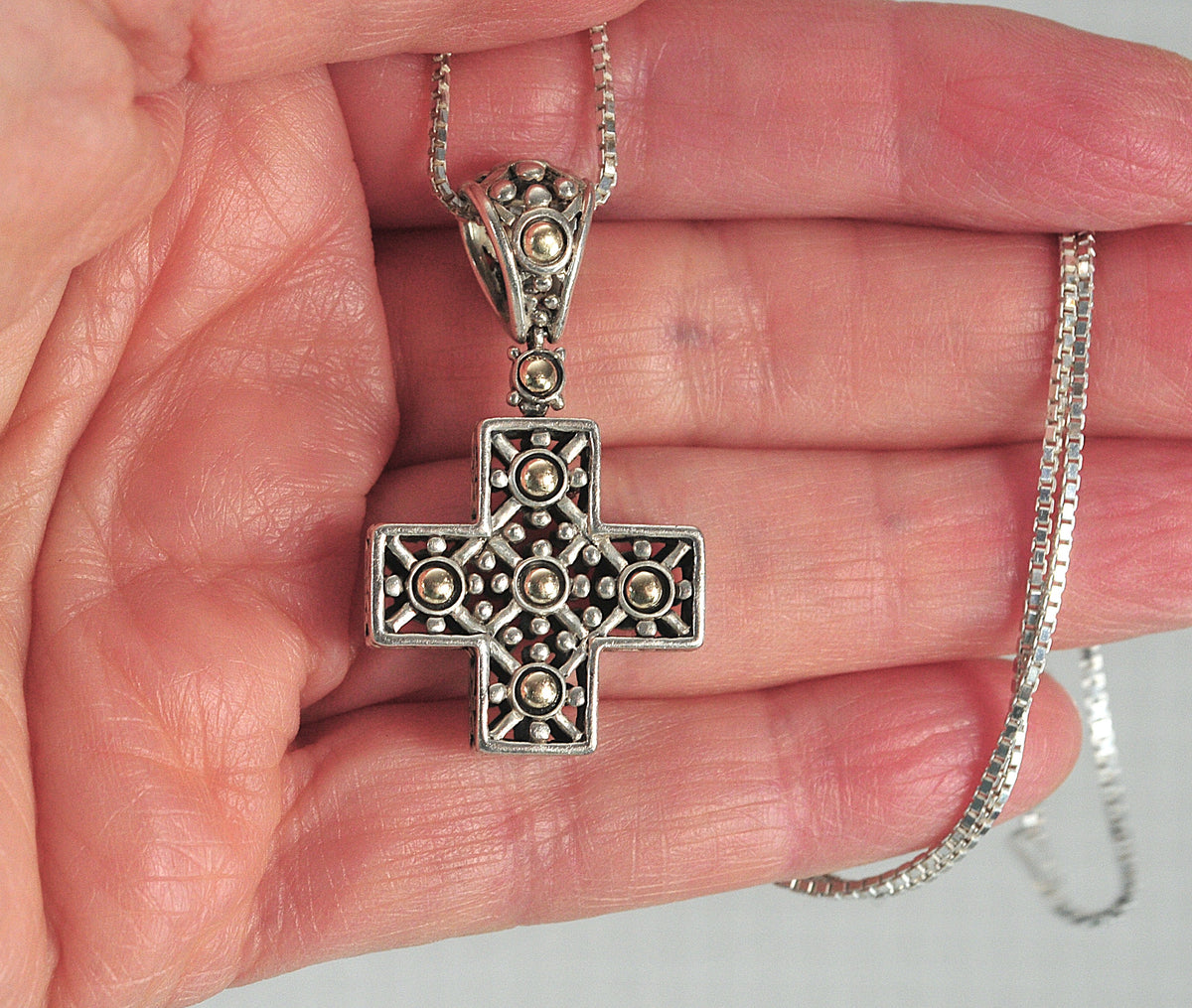Vintage John Hardy Sterling Silver 18K Gold Cross Pendant Necklace