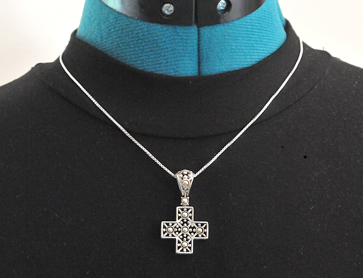 Vintage John Hardy Sterling Silver 18K Gold Cross Pendant Necklace