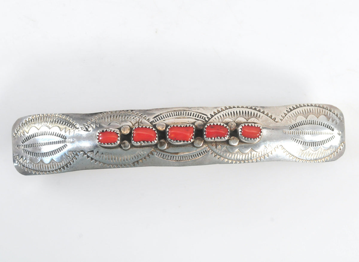 Large Native American Sterling Silver Southwestern Coral Barrette