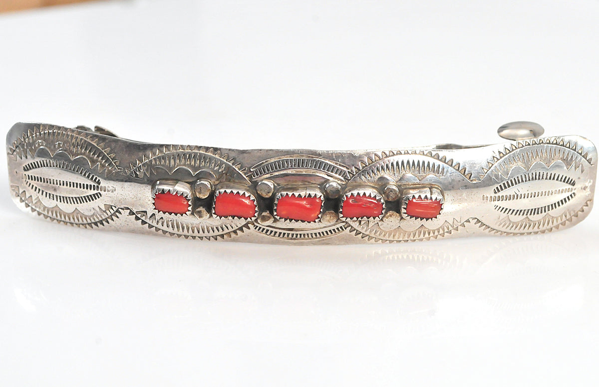 Large Native American Sterling Silver Southwestern Coral Barrette