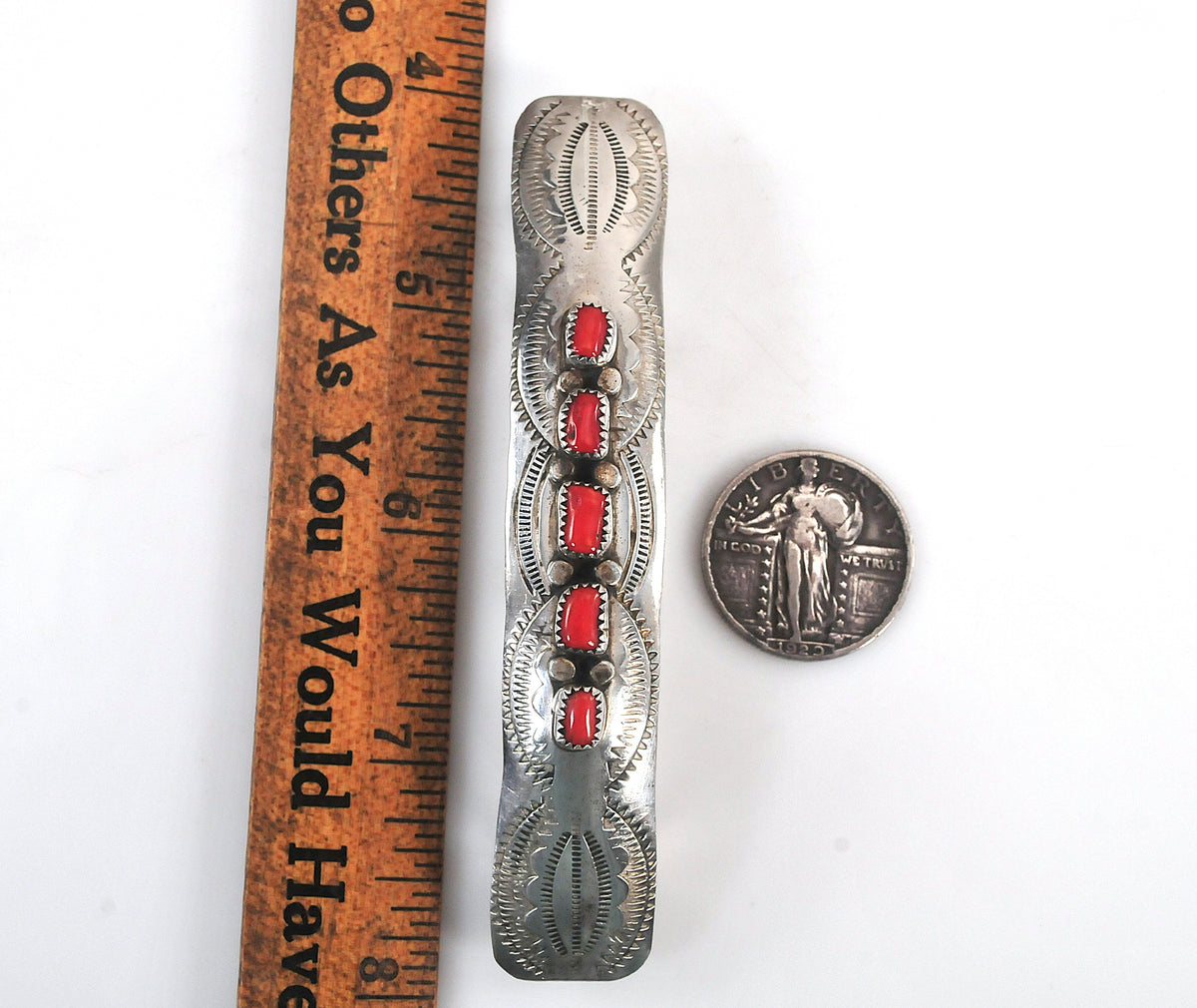 Large Native American Sterling Silver Southwestern Coral Barrette