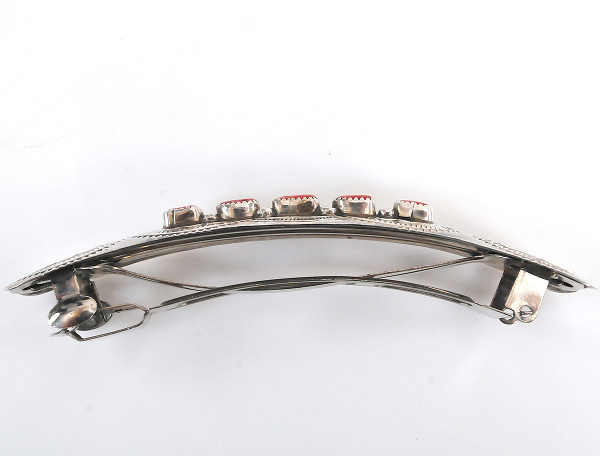 Large Native American Sterling Silver Southwestern Coral Barrette
