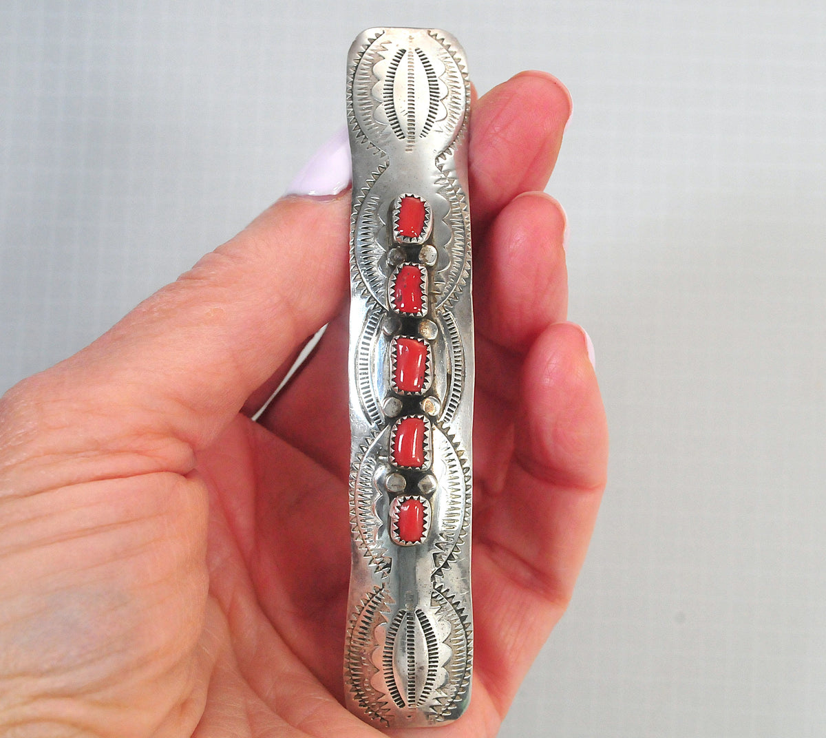 Large Native American Sterling Silver Southwestern Coral Barrette