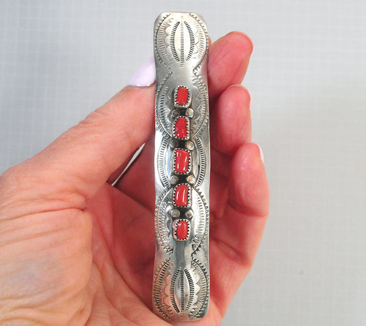Large Native American Sterling Silver Southwestern Coral Barrette