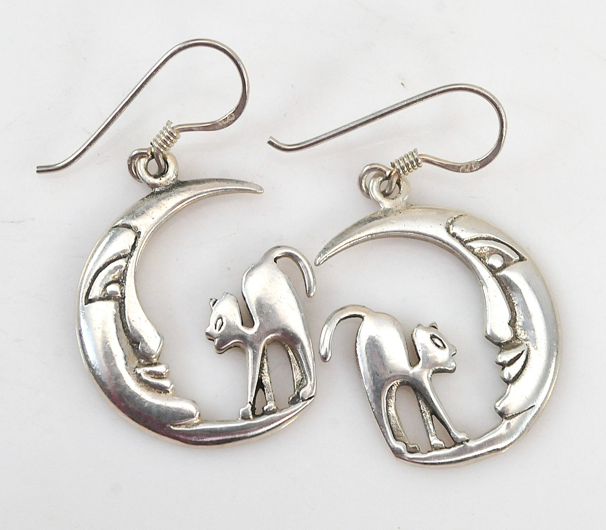 Sterling Silver Halloween Cat Moon Earrings
