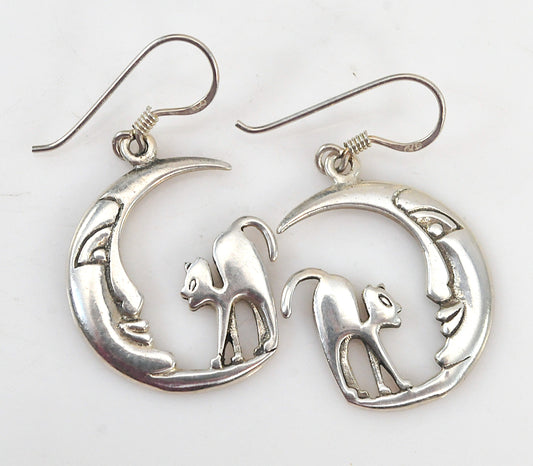 Sterling Silver Halloween Cat Moon Earrings
