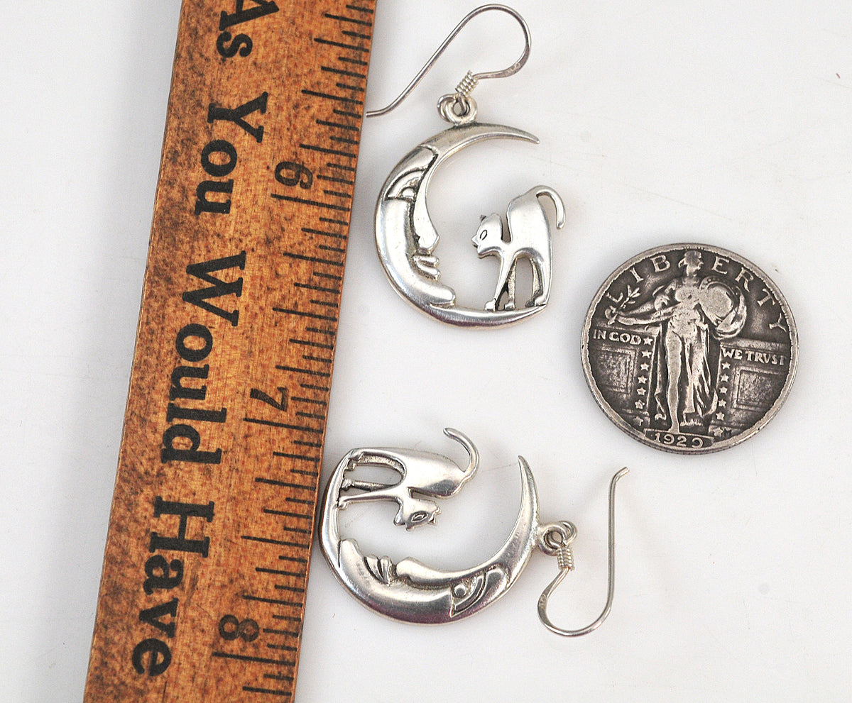 Sterling Silver Halloween Cat Moon Earrings