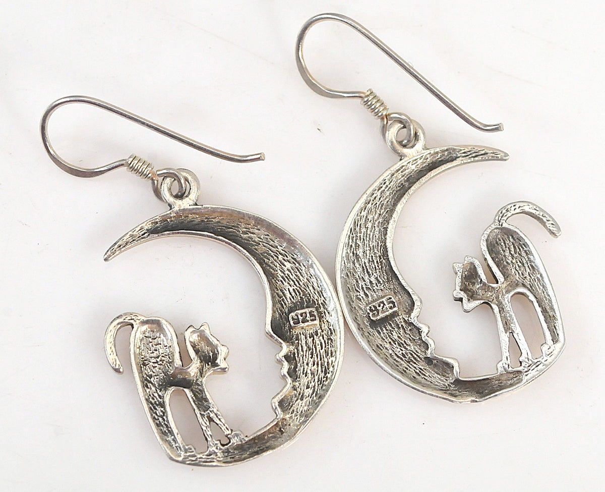 Sterling Silver Halloween Cat Moon Earrings