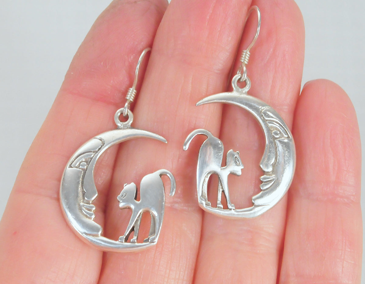 Sterling Silver Halloween Cat Moon Earrings