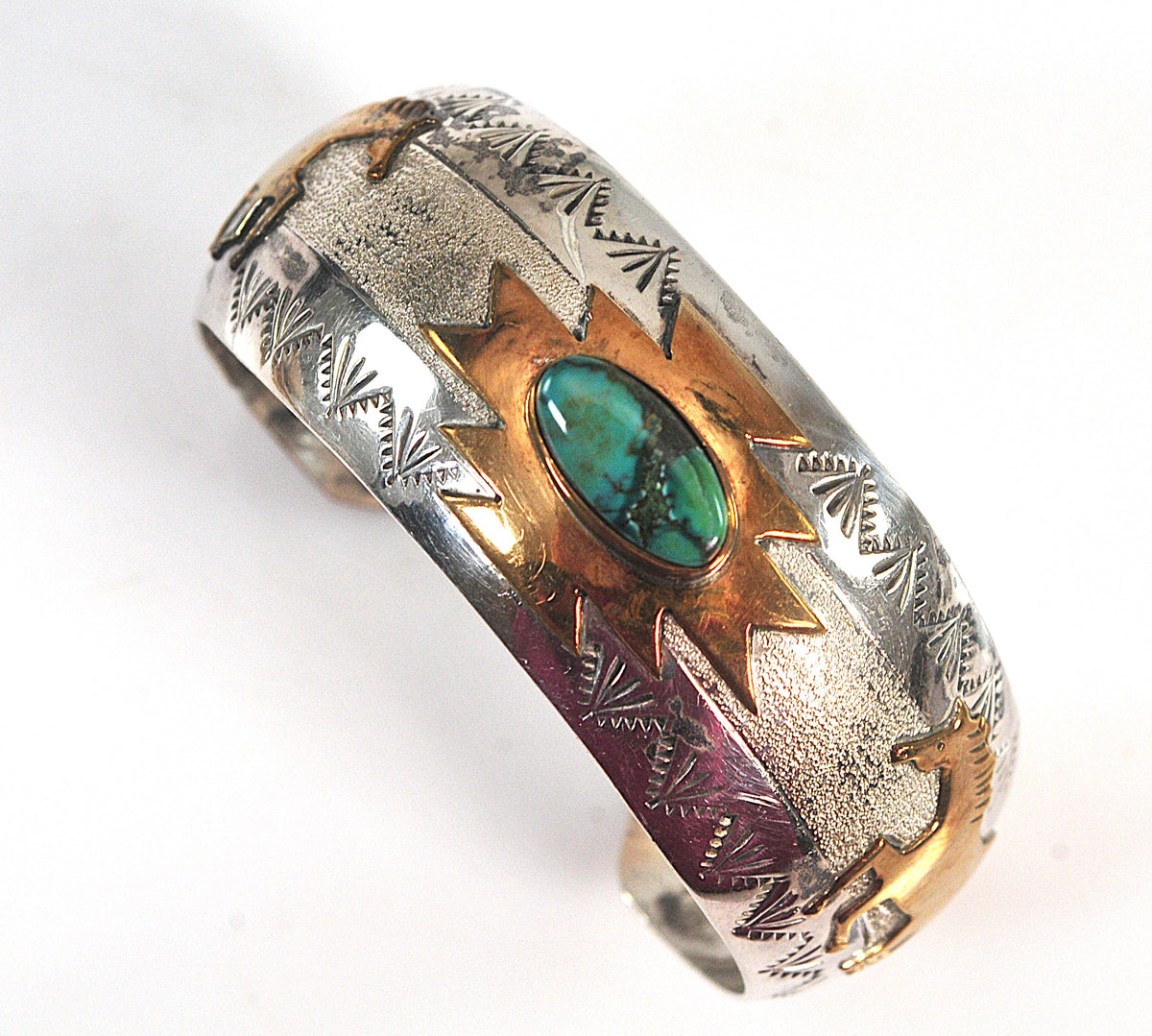 Navajo Signed Sterling Silver Gold Filled Turquoise Horse Cuff Bracelet