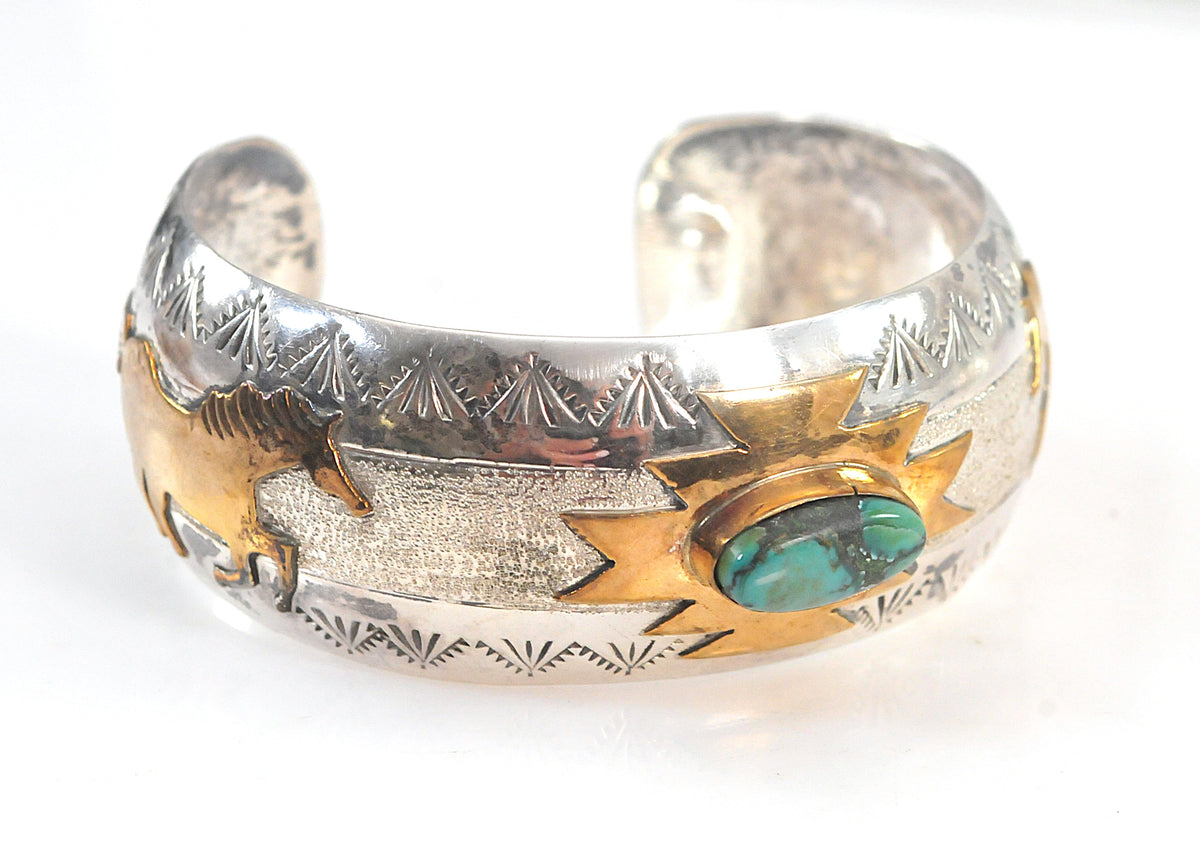 Navajo Signed Sterling Silver Gold Filled Turquoise Horse Cuff Bracelet