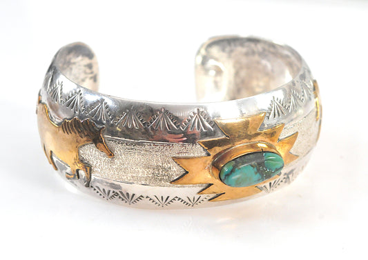 Navajo Signed Sterling Silver Gold Filled Turquoise Horse Cuff Bracelet