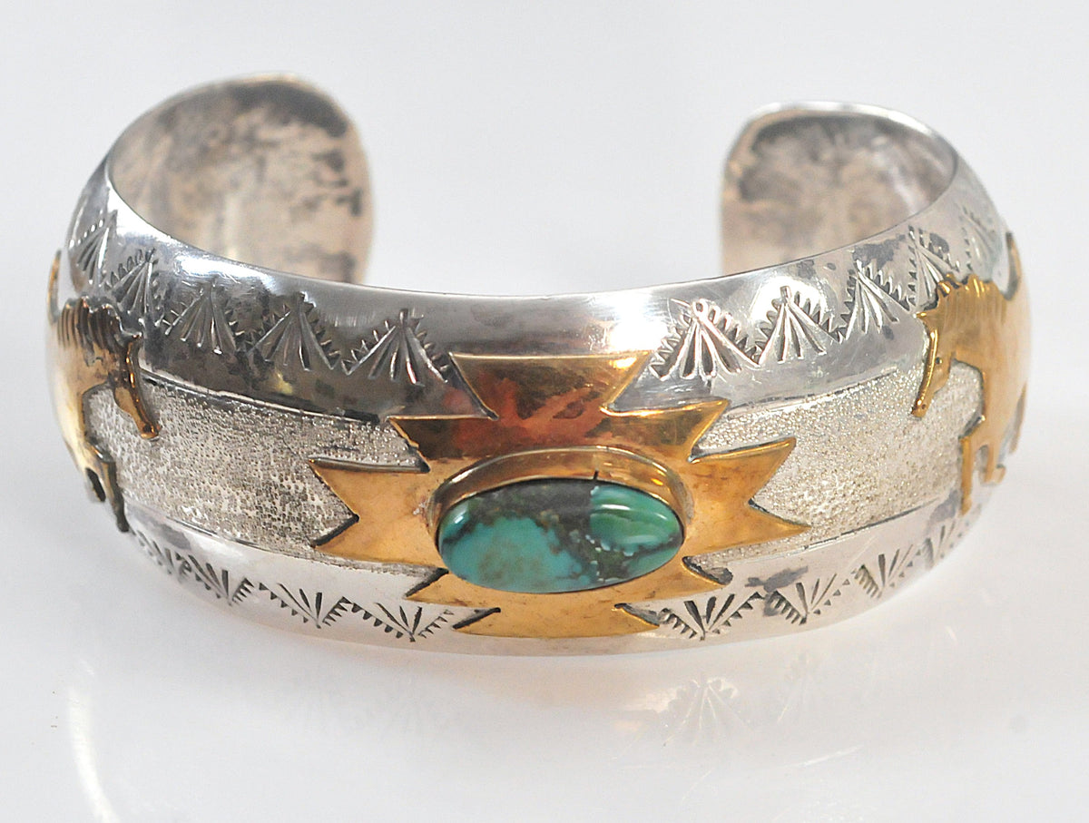 Navajo Signed Sterling Silver Gold Filled Turquoise Horse Cuff Bracelet