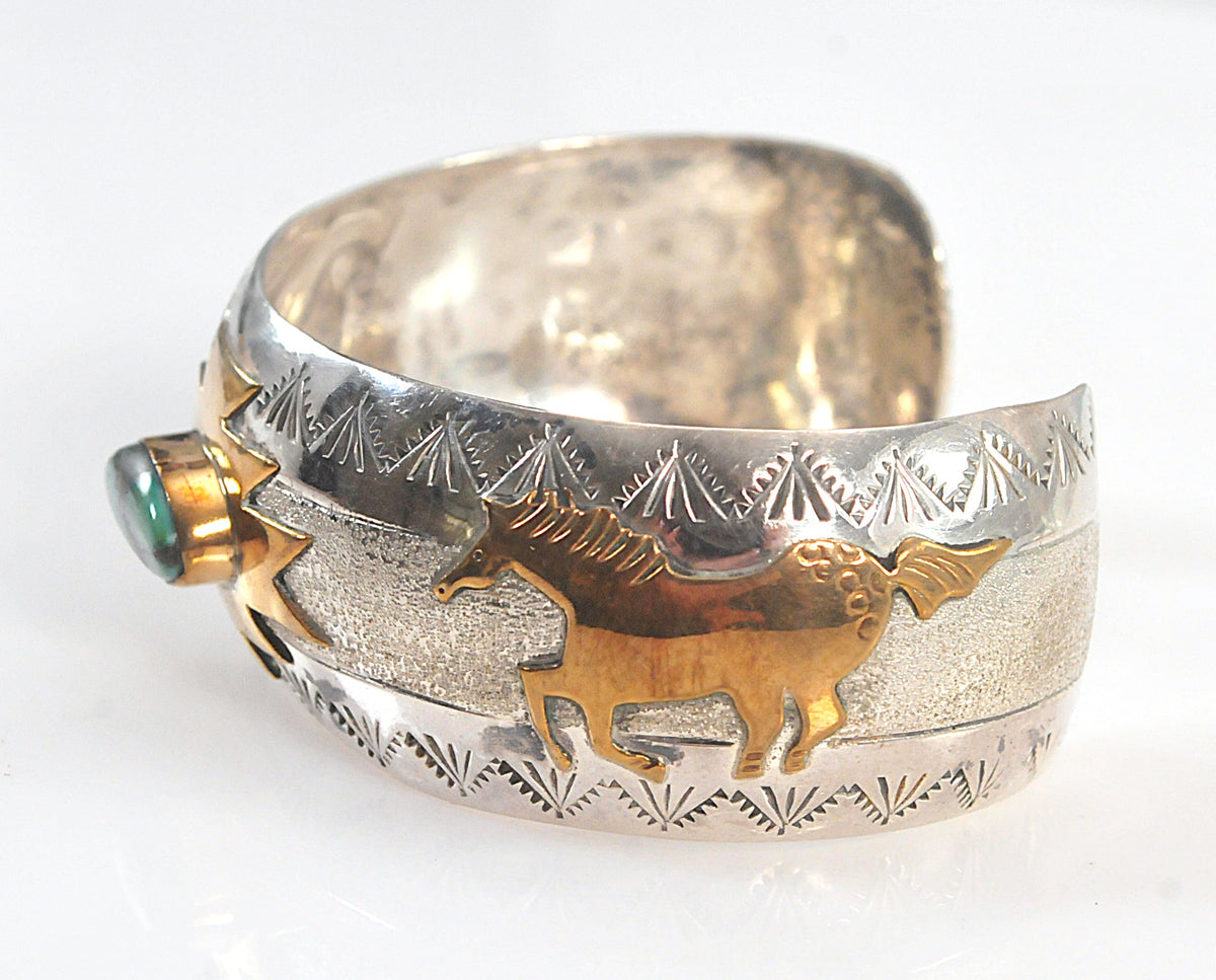 Navajo Signed Sterling Silver Gold Filled Turquoise Horse Cuff Bracelet