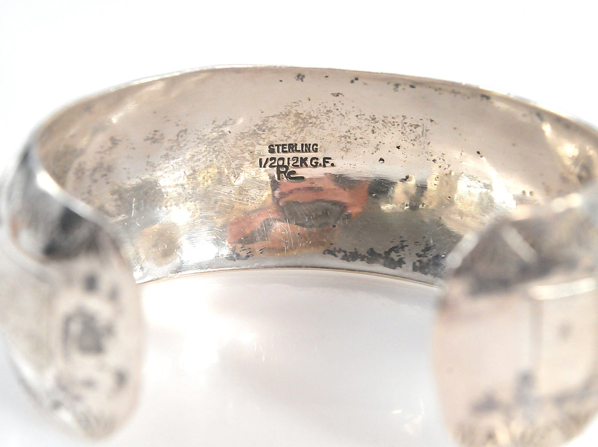 Navajo Signed Sterling Silver Gold Filled Turquoise Horse Cuff Bracelet