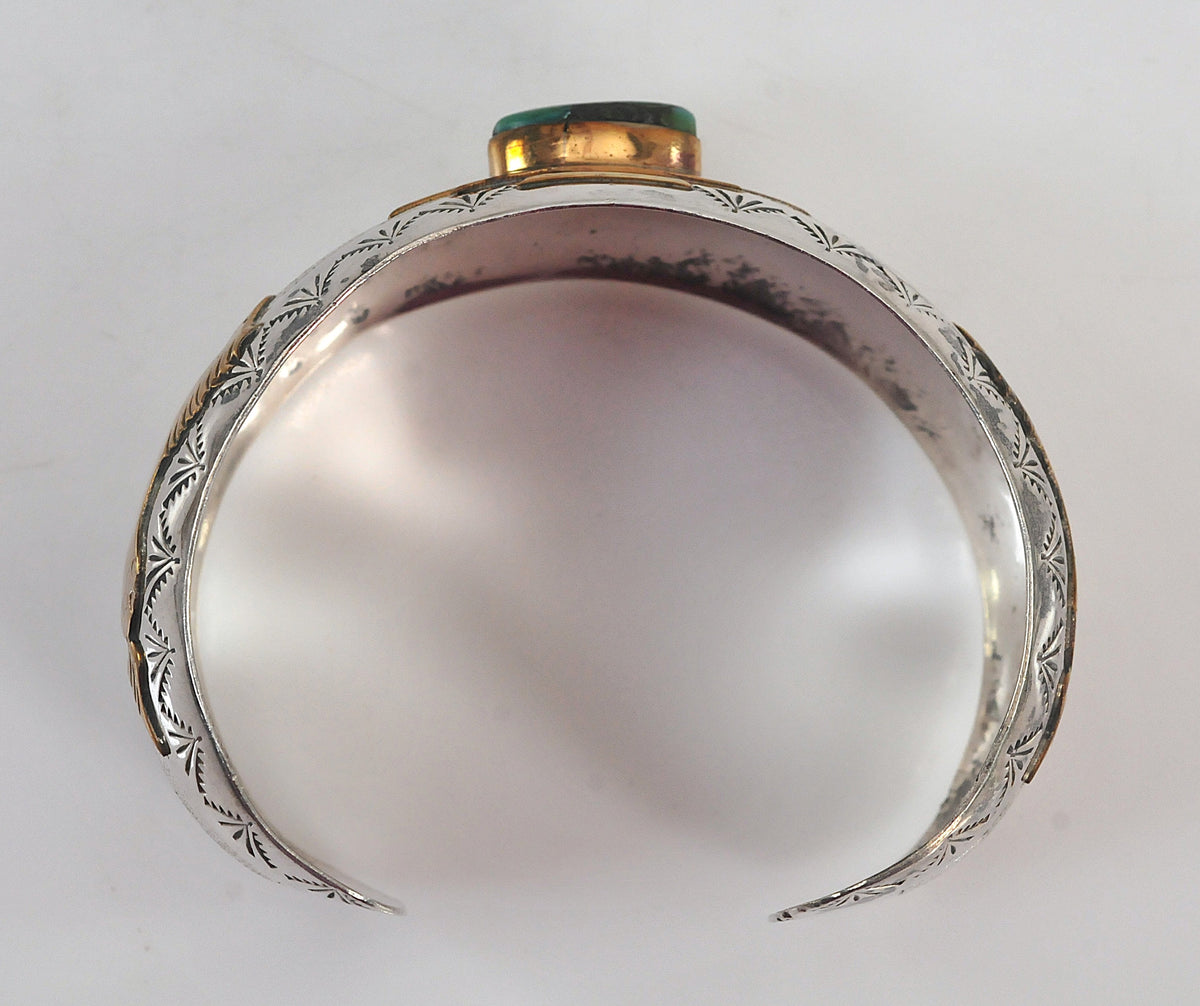 Navajo Signed Sterling Silver Gold Filled Turquoise Horse Cuff Bracelet