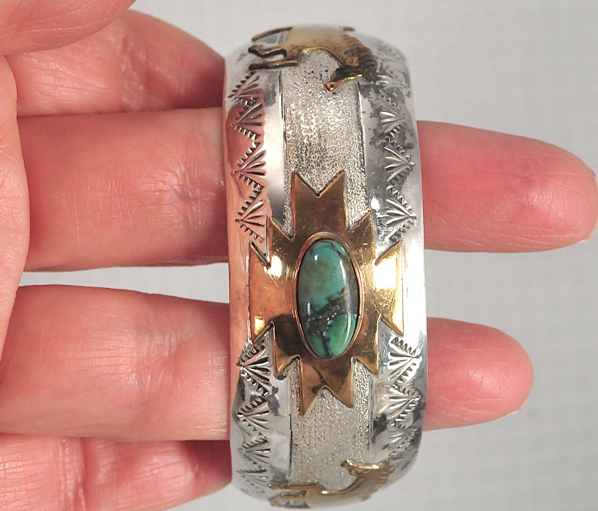 Navajo Signed Sterling Silver Gold Filled Turquoise Horse Cuff Bracelet