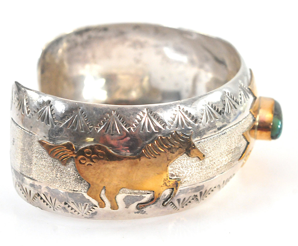 Navajo Signed Sterling Silver Gold Filled Turquoise Horse Cuff Bracelet
