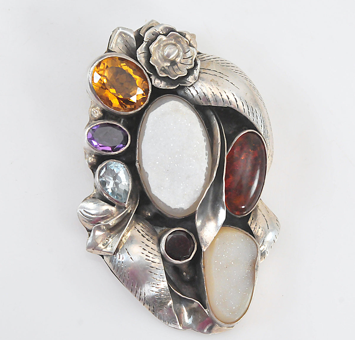 HUGE Sterling Silver Artisan Multi-Stone Floral Pendant