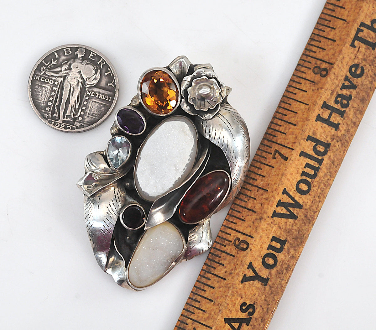 HUGE Sterling Silver Artisan Multi-Stone Floral Pendant