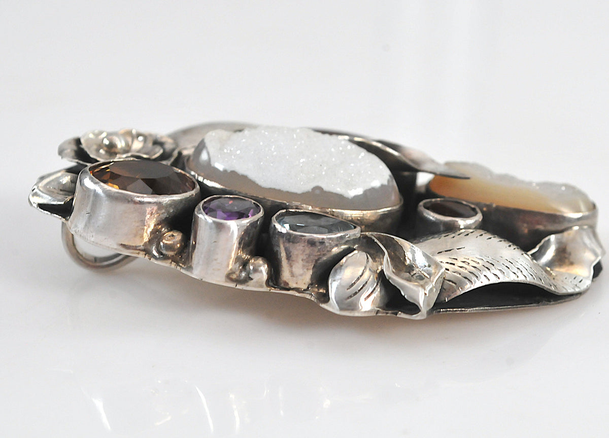 HUGE Sterling Silver Artisan Multi-Stone Floral Pendant