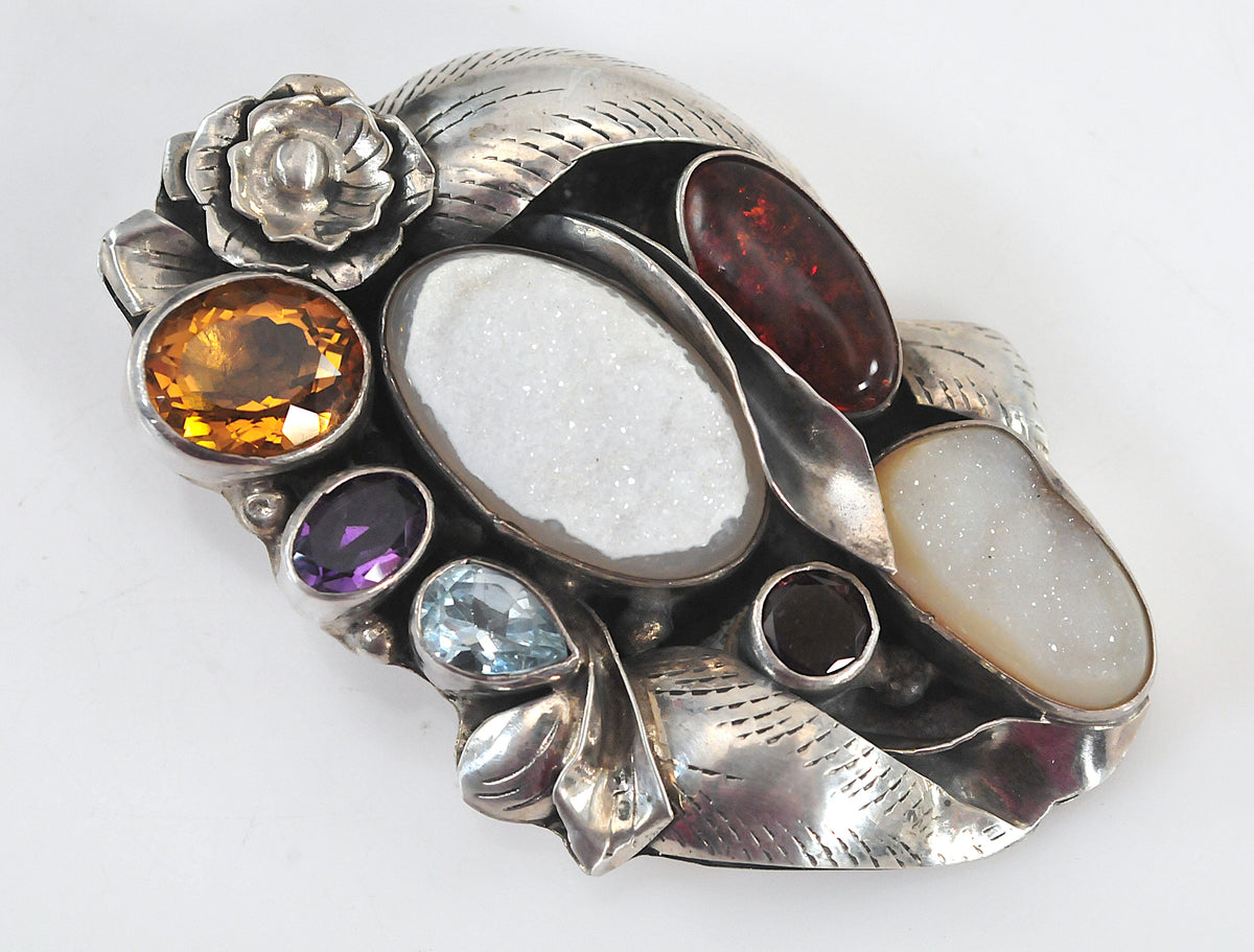 HUGE Sterling Silver Artisan Multi-Stone Floral Pendant