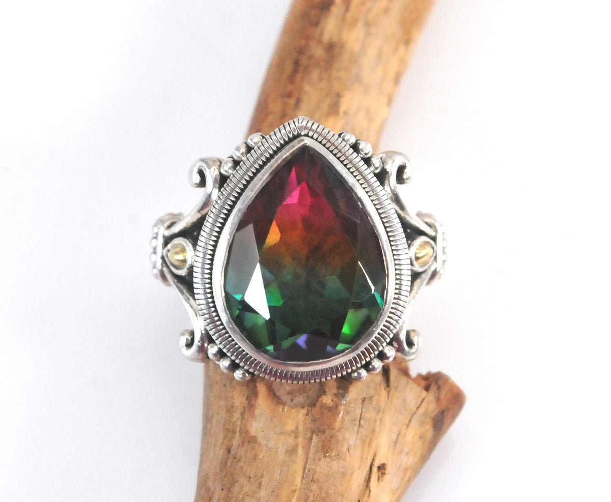 Sterling Silver Signed Watermelon Quartz Ring with 18K Gold Accents