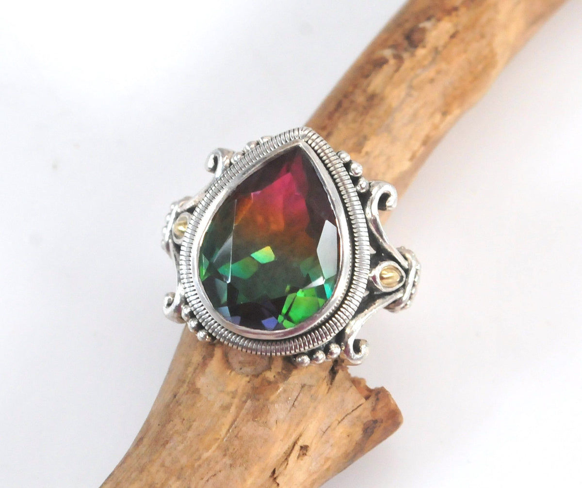 Sterling Silver Signed Watermelon Quartz Ring with 18K Gold Accents
