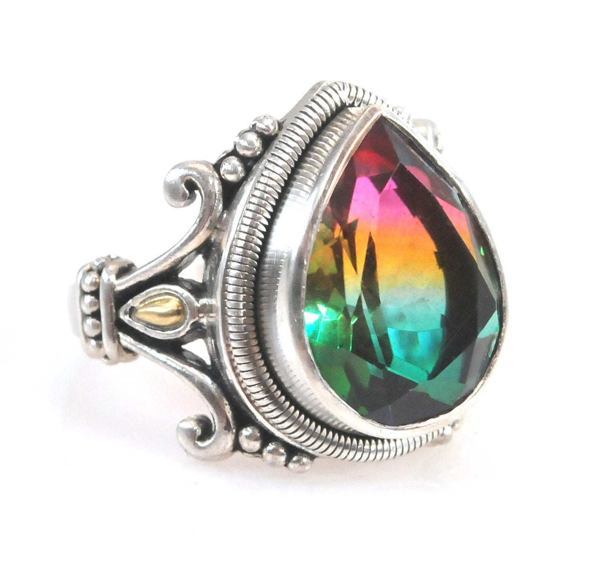 Sterling Silver Signed Watermelon Quartz Ring with 18K Gold Accents
