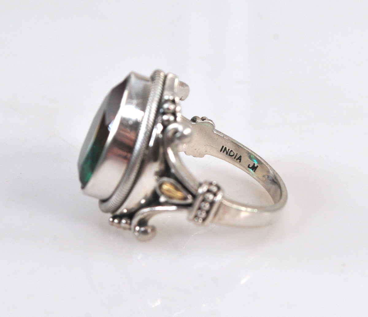 Sterling Silver Signed Watermelon Quartz Ring with 18K Gold Accents