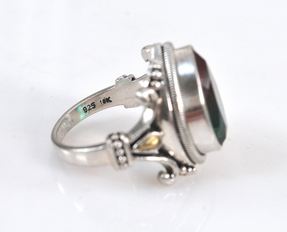 Sterling Silver Signed Watermelon Quartz Ring with 18K Gold Accents