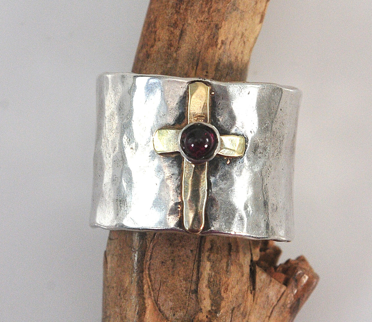 Wide Hammered Sterling Silver 14K Gold Cross Ring