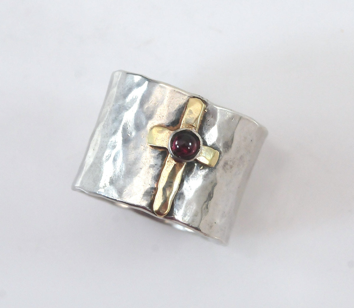 Wide Hammered Sterling Silver 14K Gold Cross Ring