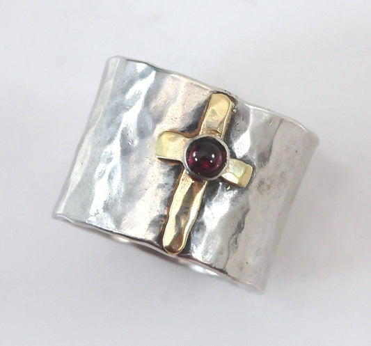 Wide Hammered Sterling Silver 14K Gold Cross Ring