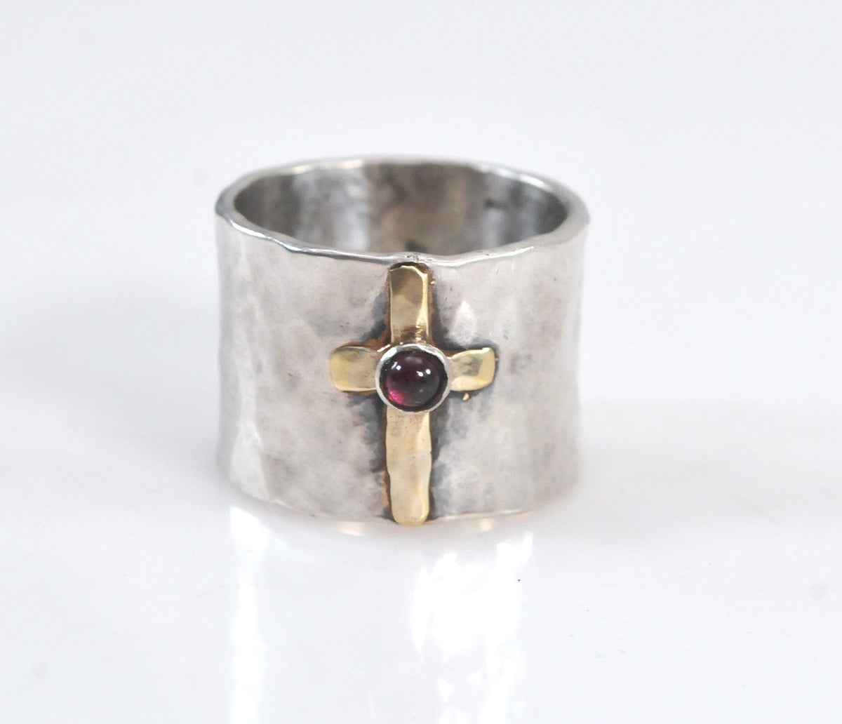 Wide Hammered Sterling Silver 14K Gold Cross Ring