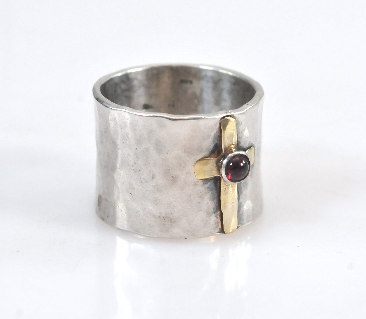 Wide Hammered Sterling Silver 14K Gold Cross Ring