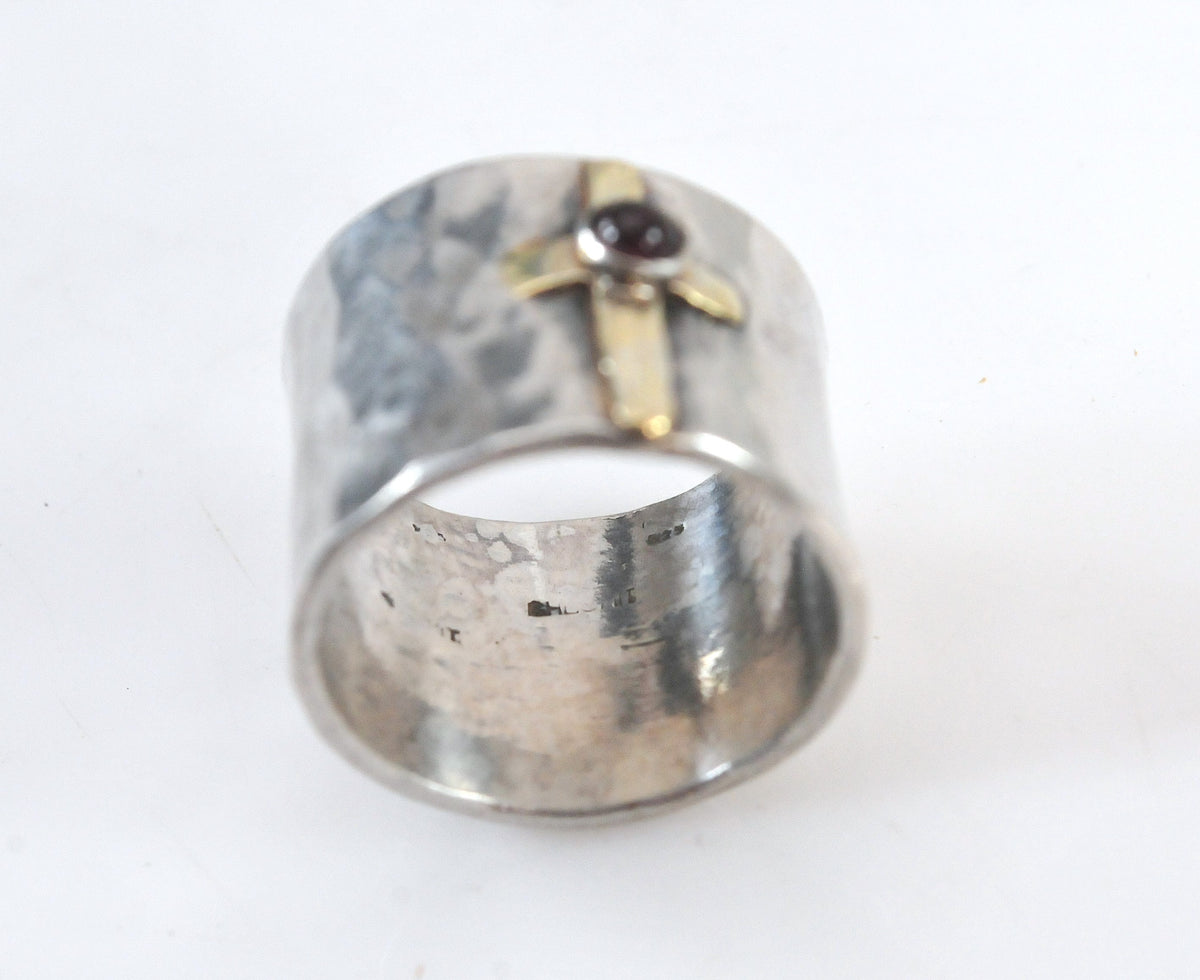 Wide Hammered Sterling Silver 14K Gold Cross Ring