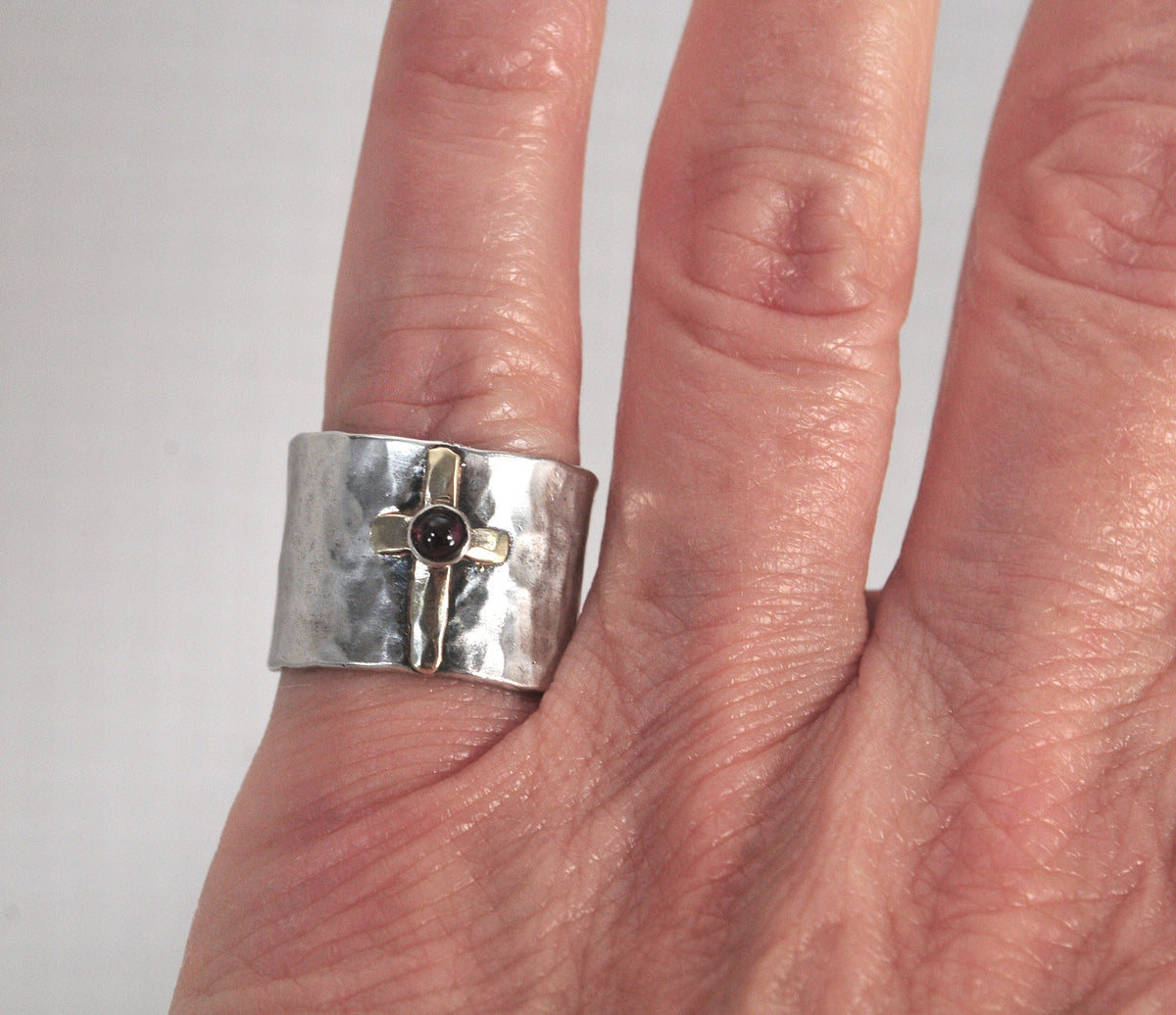 Wide Hammered Sterling Silver 14K Gold Cross Ring