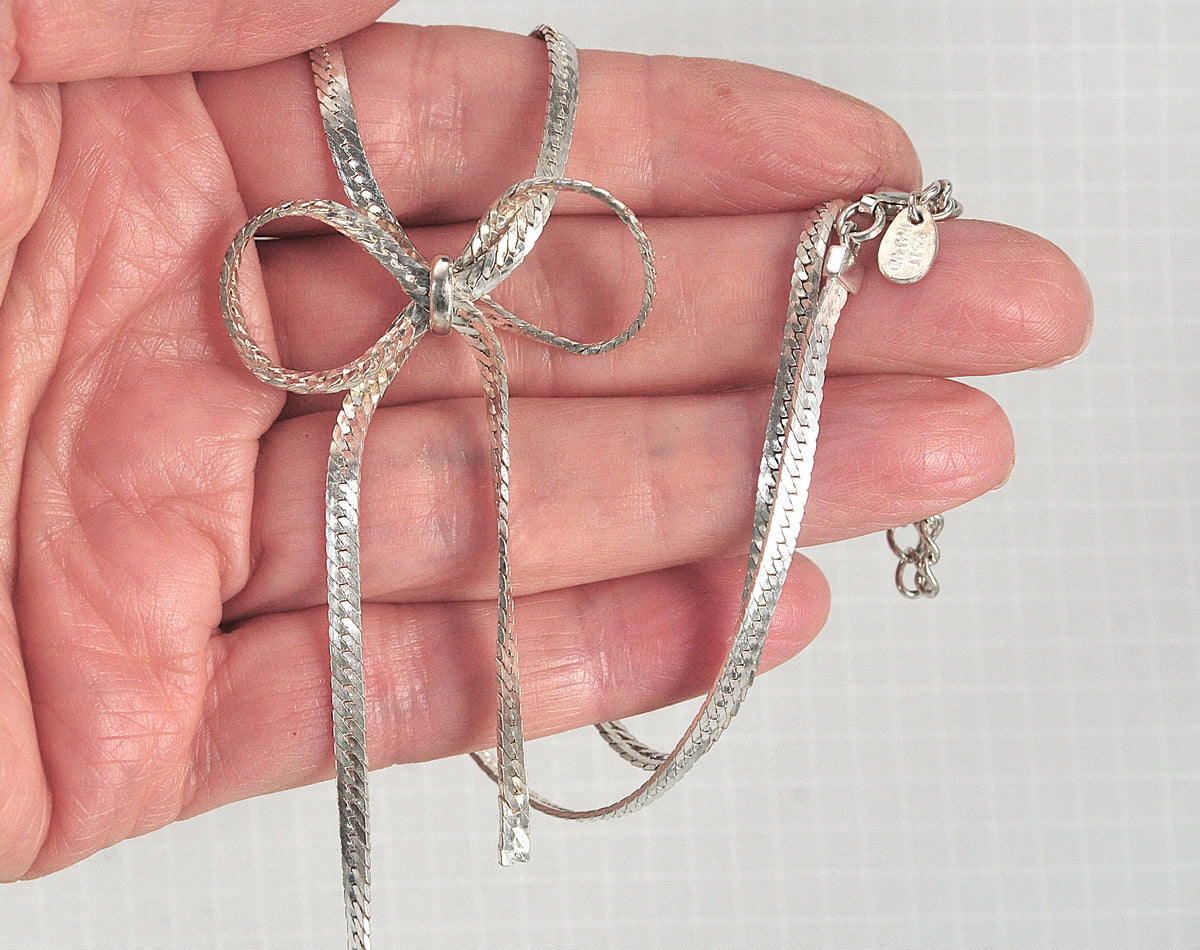 Adjustable Sterling Silver Herringbone Bow Necklace