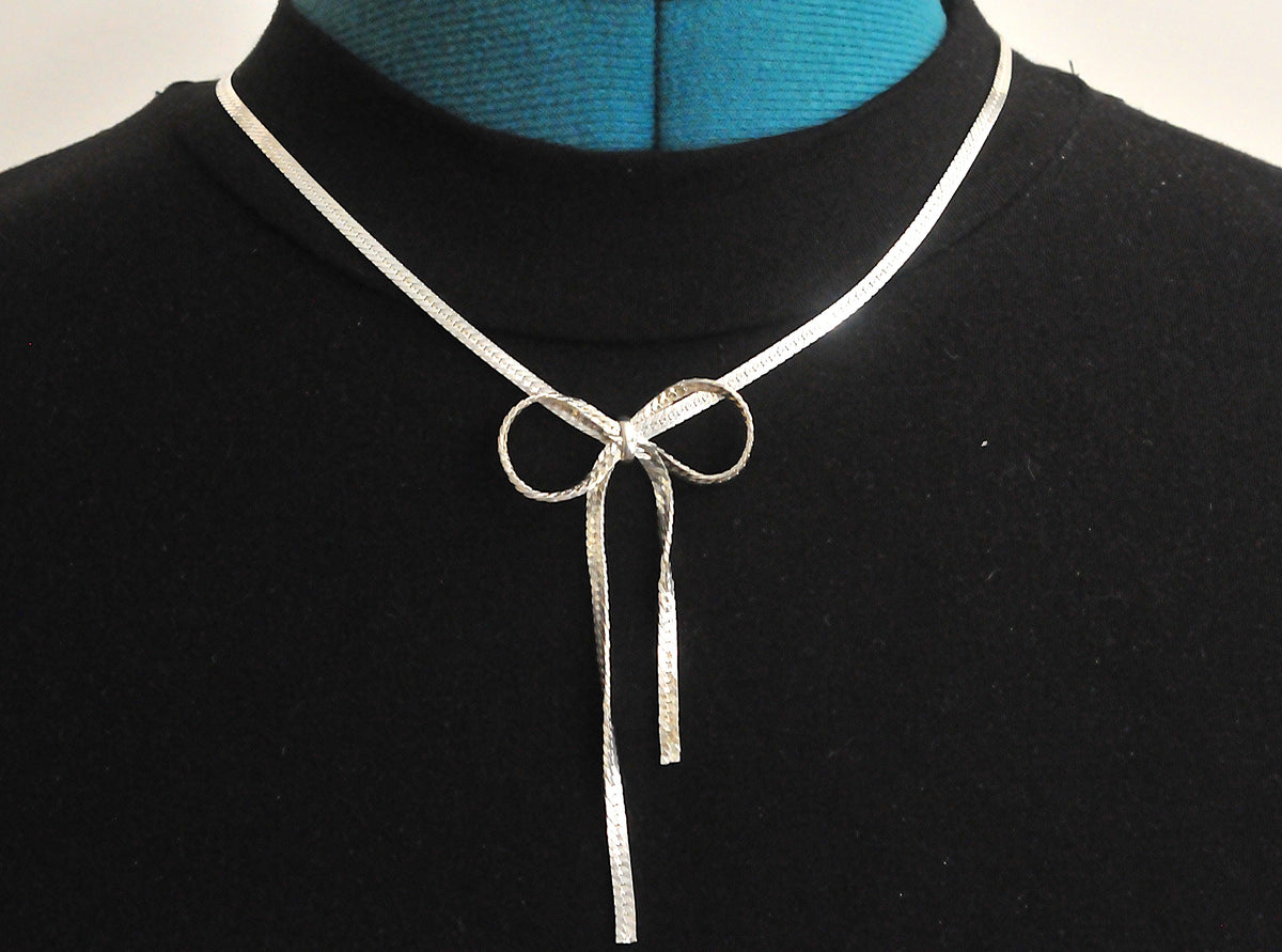Adjustable Sterling Silver Herringbone Bow Necklace