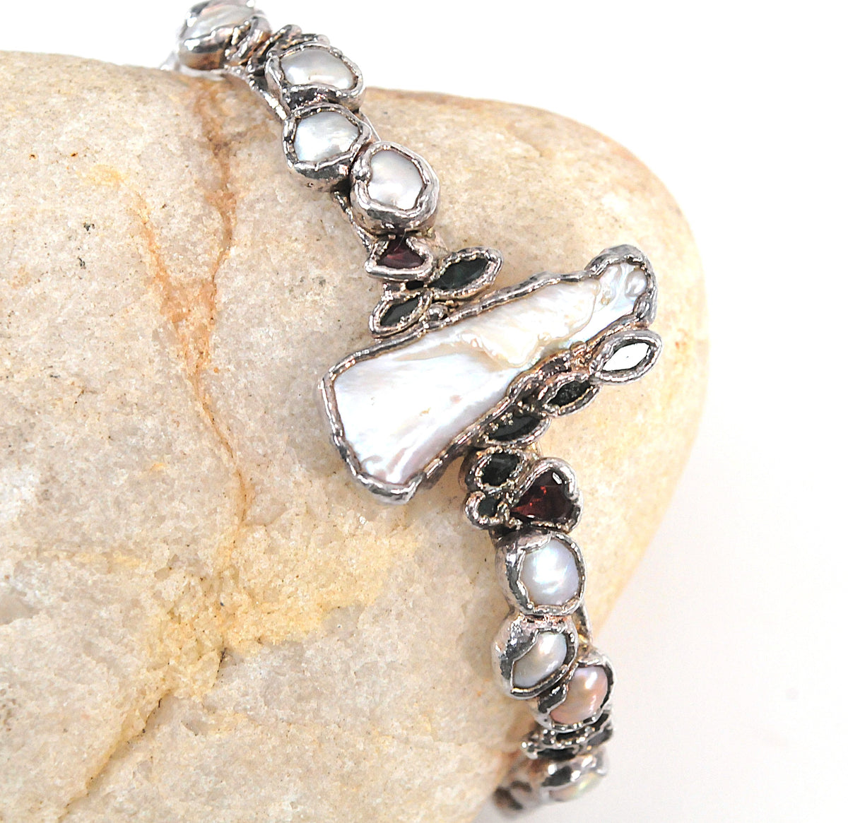 Solid 999 Fine Silver Bracelet, Baroque Pearls, Avant Garde Design