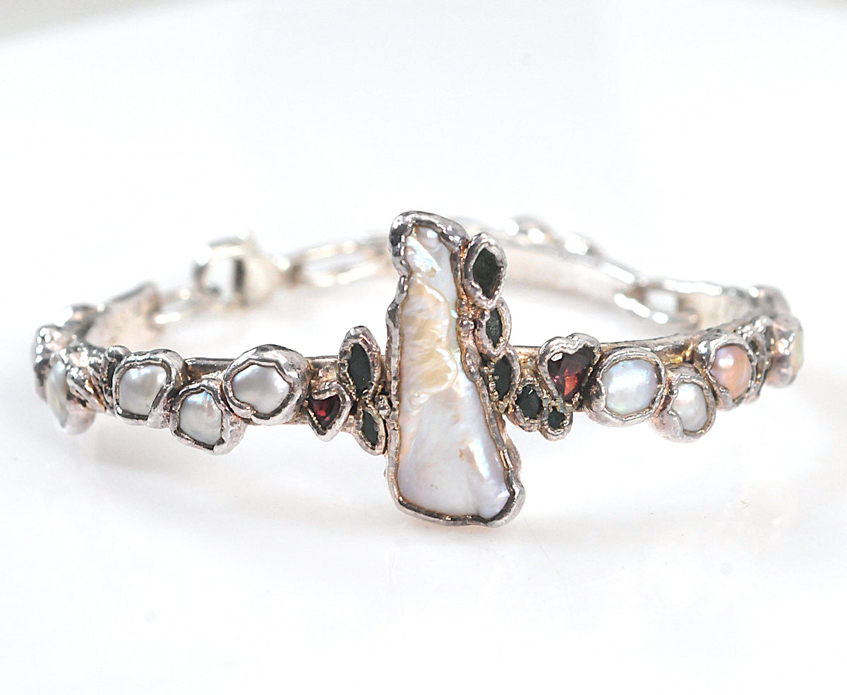Solid 999 Fine Silver Bracelet, Baroque Pearls, Avant Garde Design