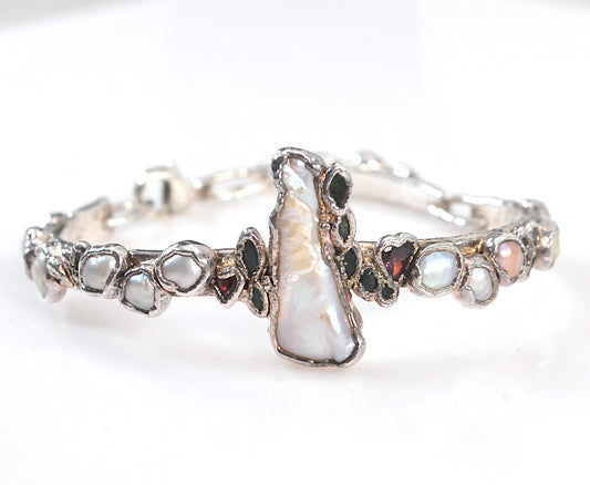 Solid 999 Fine Silver Bracelet, Baroque Pearls, Avant Garde Design