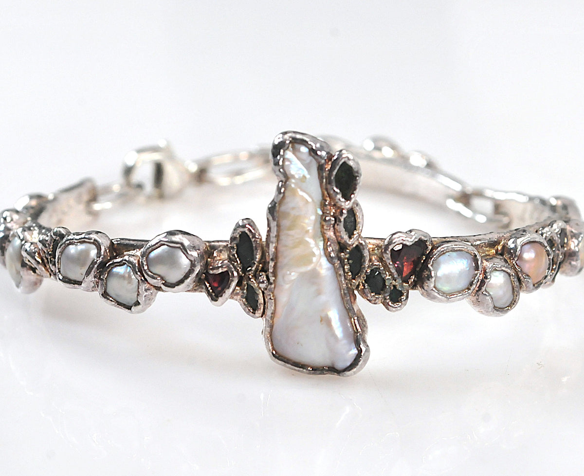 Solid 999 Fine Silver Bracelet, Baroque Pearls, Avant Garde Design