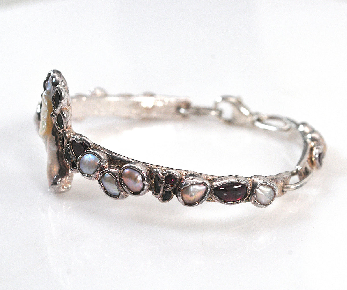 Solid 999 Fine Silver Bracelet, Baroque Pearls, Avant Garde Design