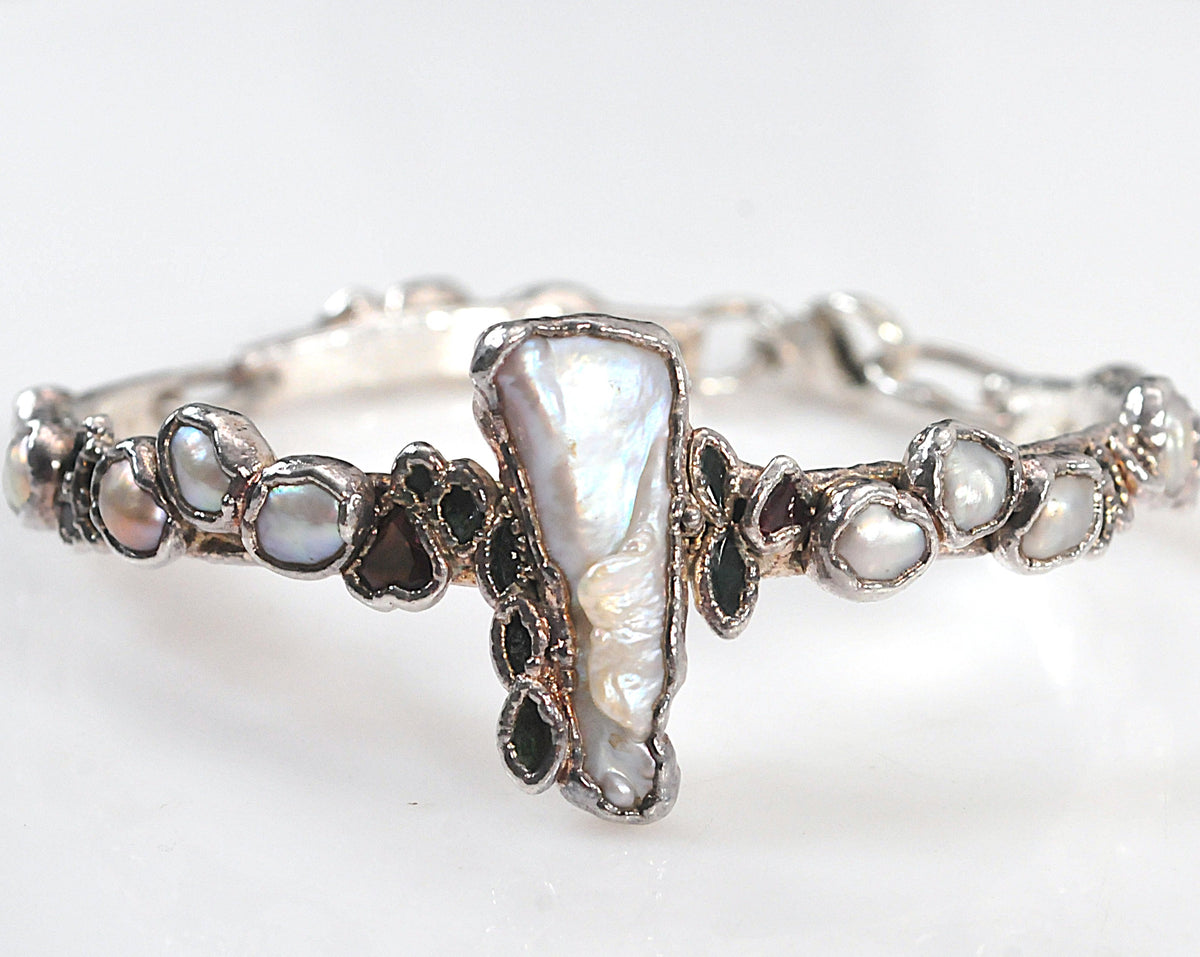 Solid 999 Fine Silver Bracelet, Baroque Pearls, Avant Garde Design