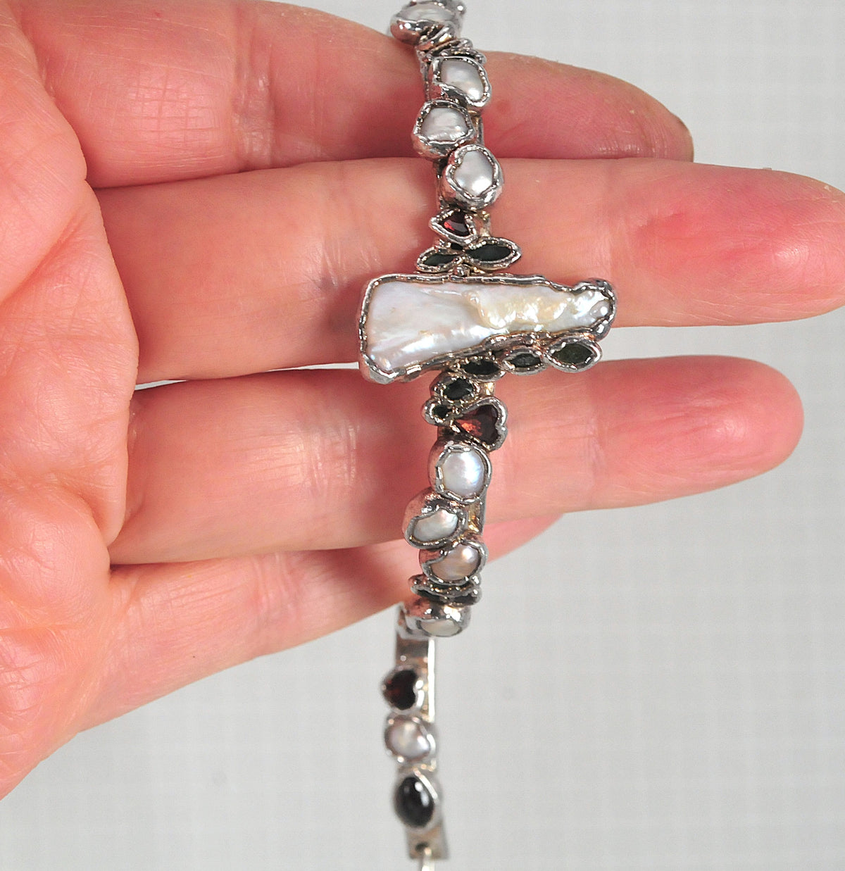 Solid 999 Fine Silver Bracelet, Baroque Pearls, Avant Garde Design